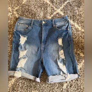 Fashion Nova Light Blue Denim Shorts with Distressed Details